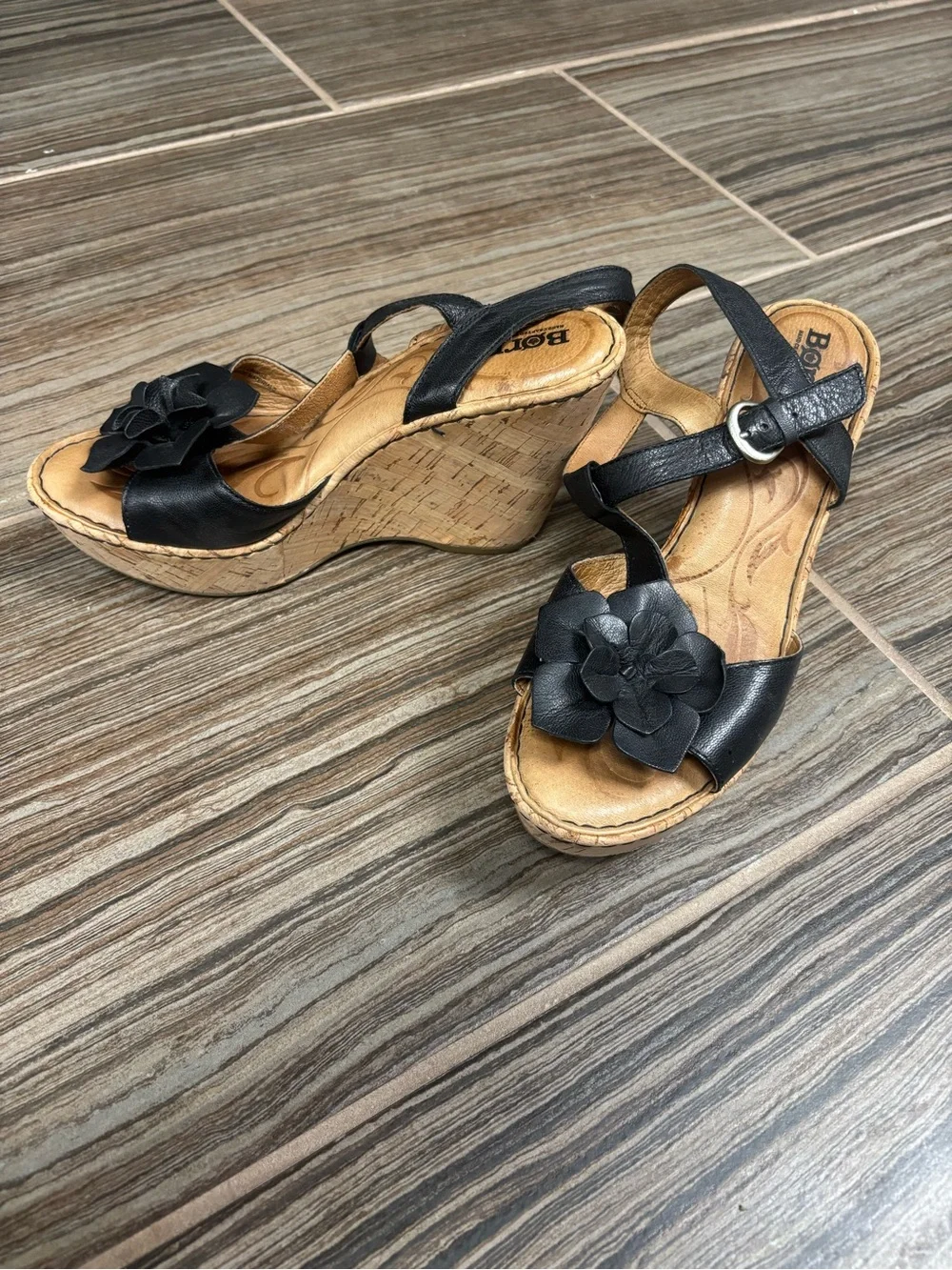 Born Wedge Sandals with Floral Accent - Black and Cork